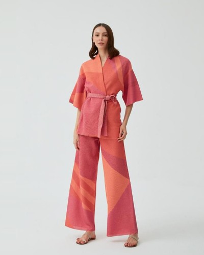 Mishka Renk Bloklu Beli Kemerli Kimono Hırka